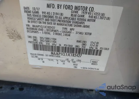 2018 Ford Ecosport Ses z USA, uszkodzony, nr VIN MAJ6P1CL1JC182427
